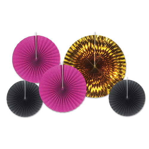 Beistle Assorted Paper & Foil Decorative Fans - Black, Cerise & Gold - Bachelo