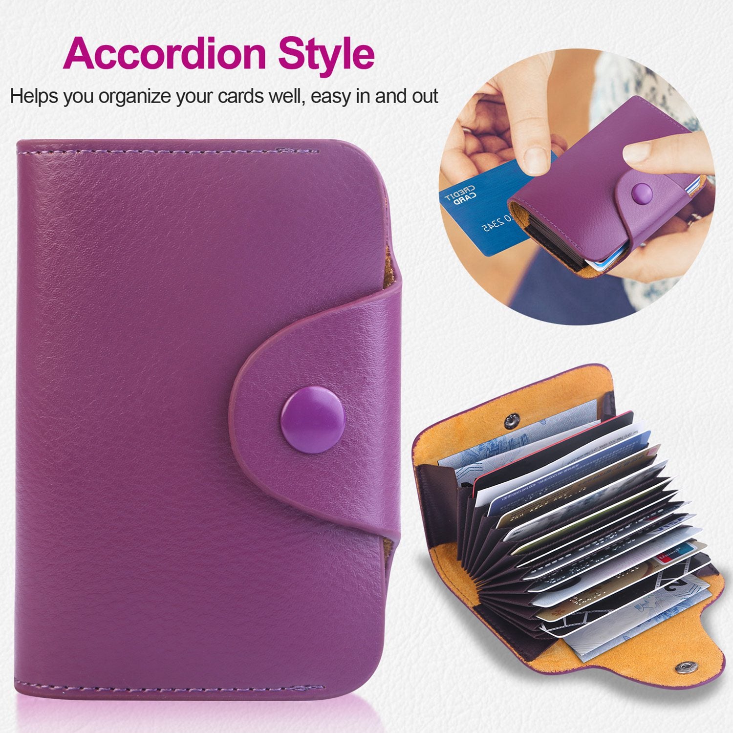 Credit Card Holder Wallet PU Leather Snap Closure Purse Accordion Case with 12