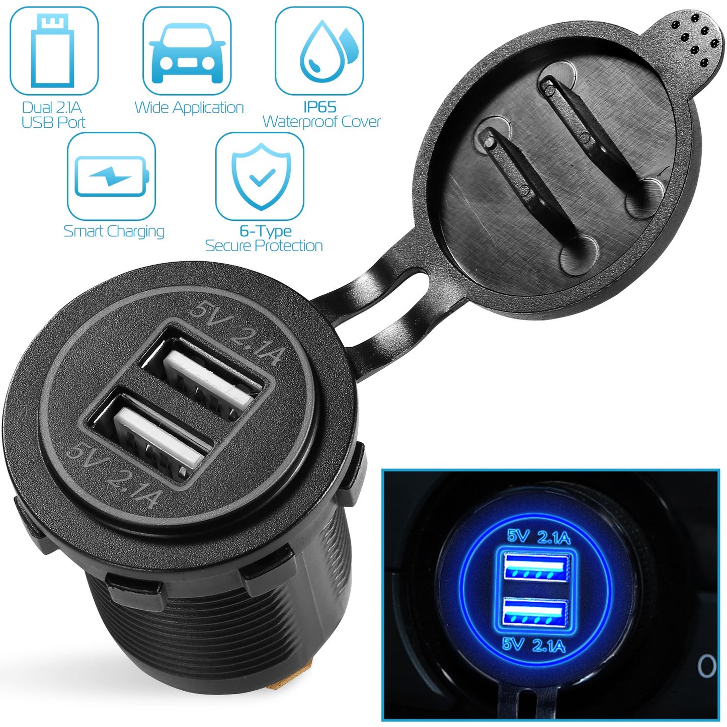 1Pc 2 USB Charger 12-24V Car Cigarette Lighter Socket Splitter Dual USB 2.1A