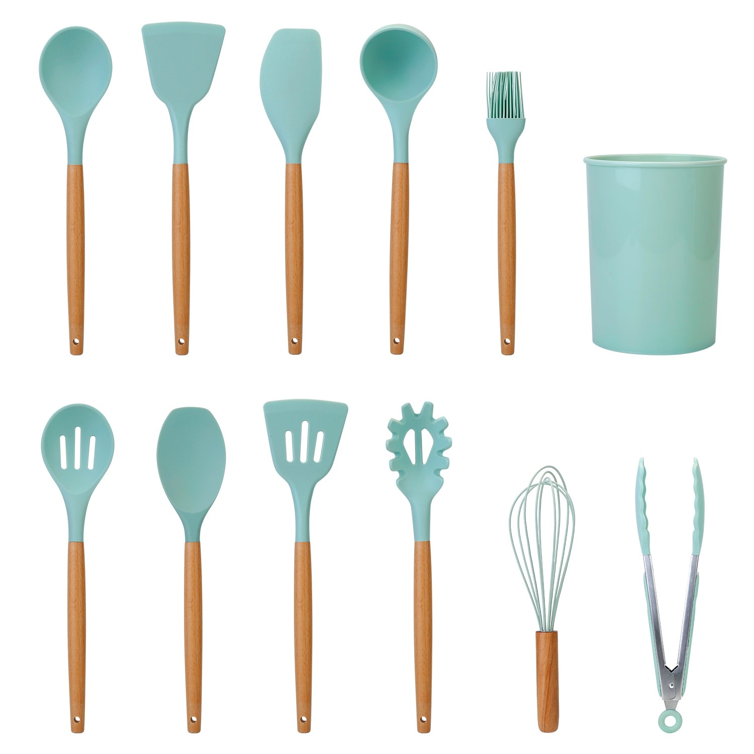 11Pcs Silicone Cooking Utensil Set Heat Resist Wooden Handle Silicone Spatu 5803