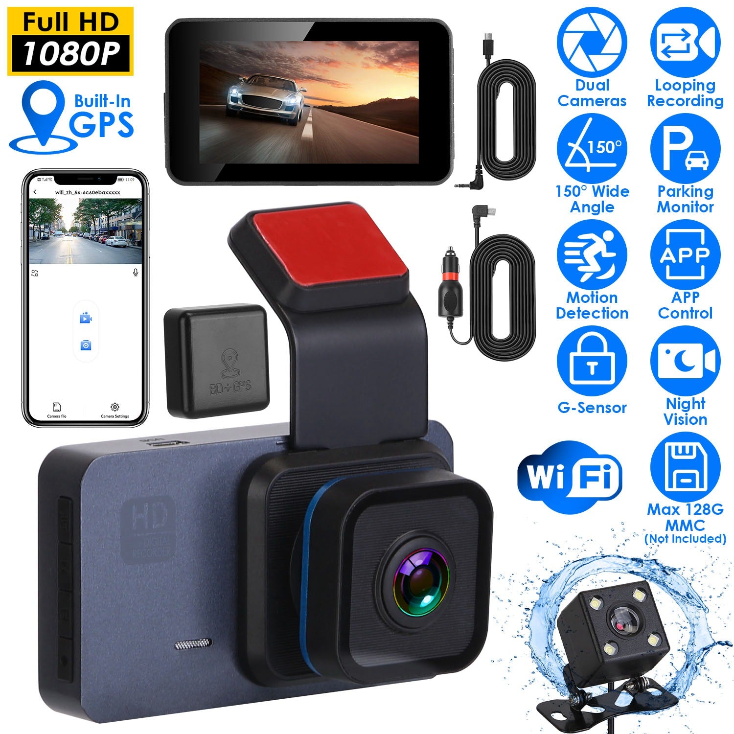 1080P Dual Lens Dash Cam Vehicle Driving Recorder Car DVR with WiFi GPS