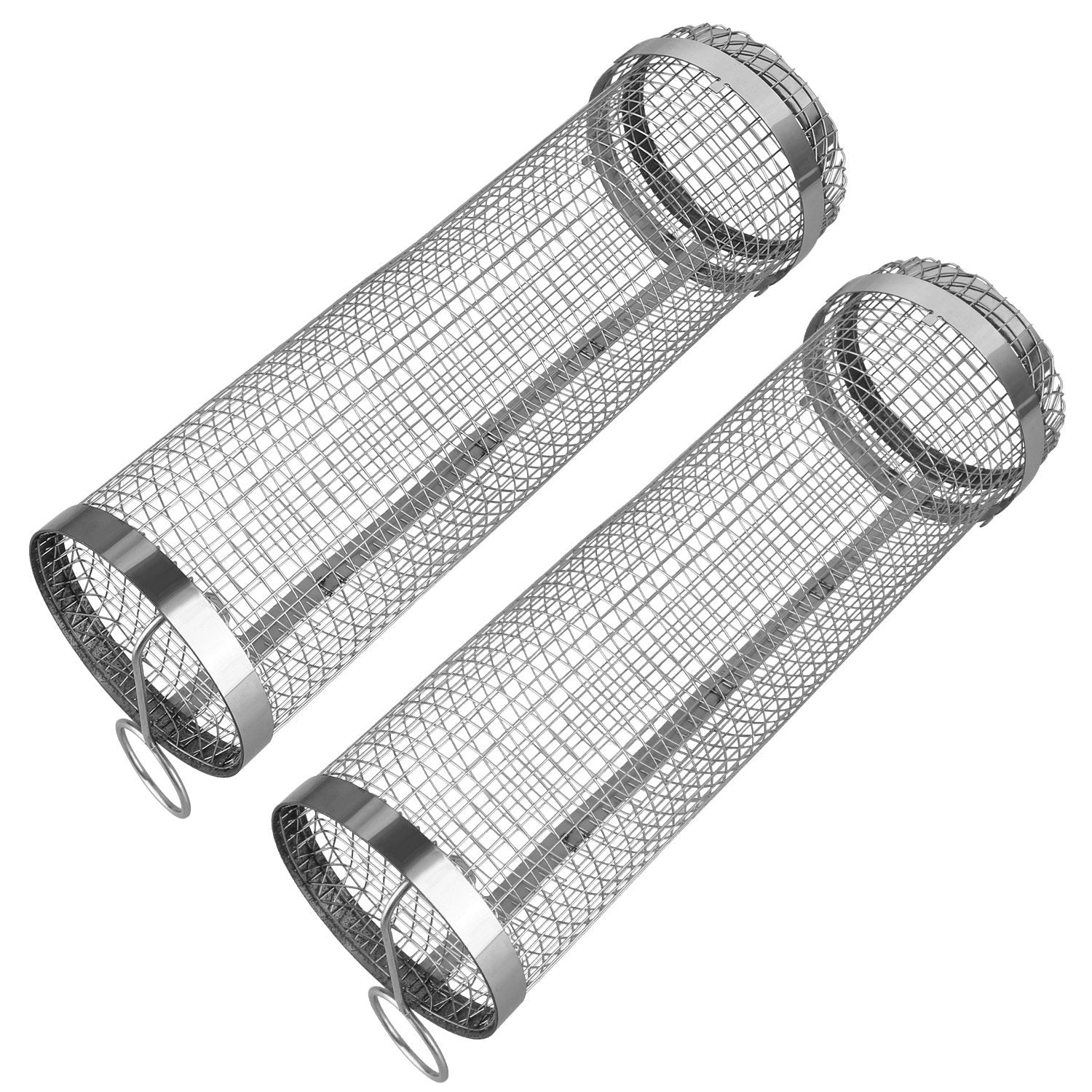 2Pcs 3.42x11.61Inch Portable BBQ Rolling Basket Round Stainless Steel Grill