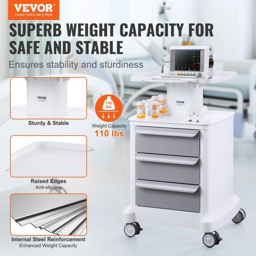 4 Tiers Lab Carts Mobile Medical Cart with 3 Drawers & 1 Top Tray White Troll