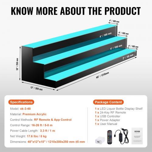 LED Lighted Liquor Bottle Display Bar Shelf RF & App Control 48" 3-Step