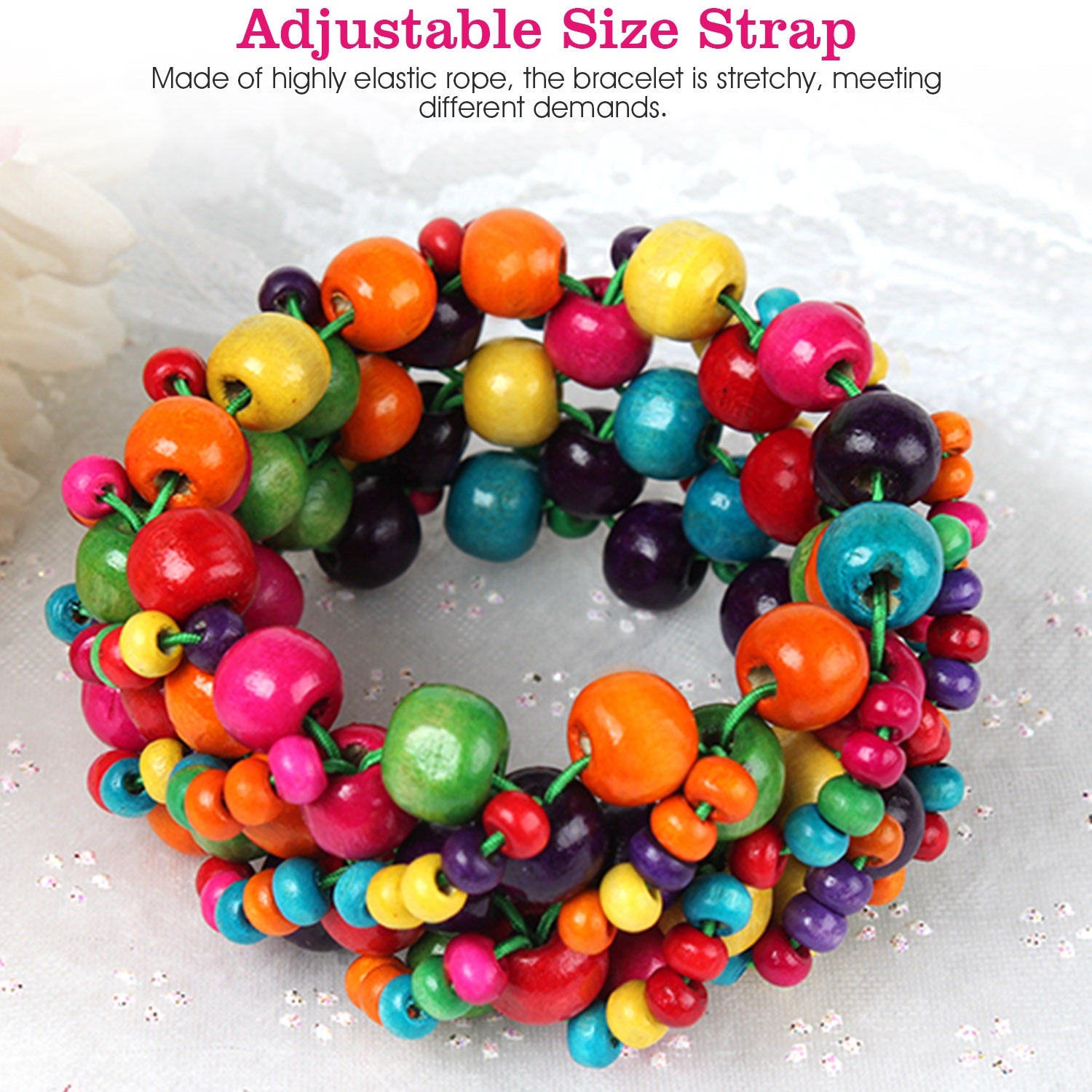 Multi-Color Wooden Beaded Stretchy Bracelet Colorful Exotic Style Elastic