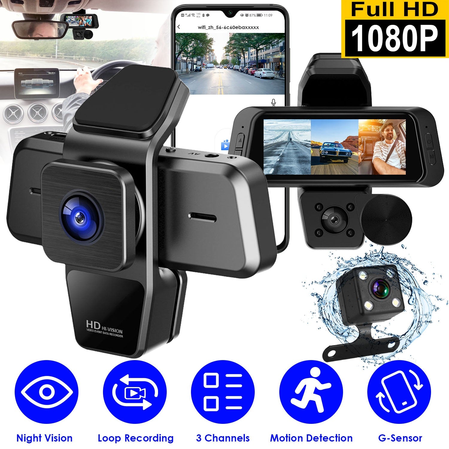 1080P FHD 3 Channel WiFi Dash Cam 170° Wide Angle Triple Car Camera With IR