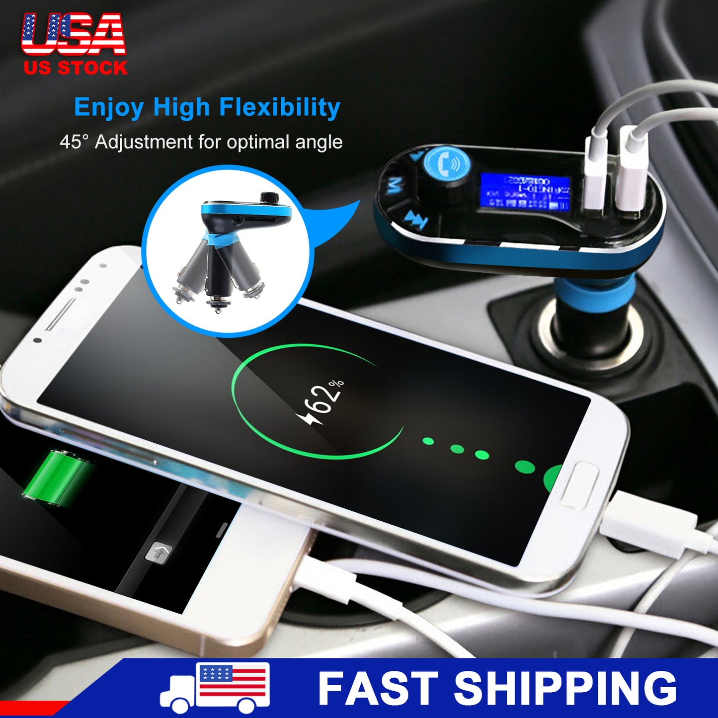Car Wireless FM Transmitter Dual USB Charger Hands-free Call MP3 Player Aux-in