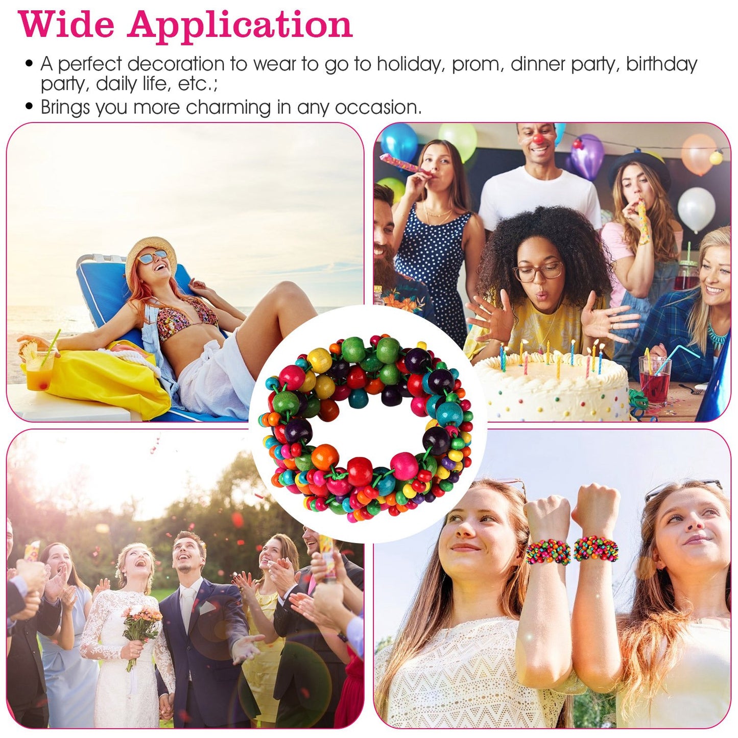 Multi-Color Wooden Beaded Stretchy Bracelet Colorful Exotic Style Elastic