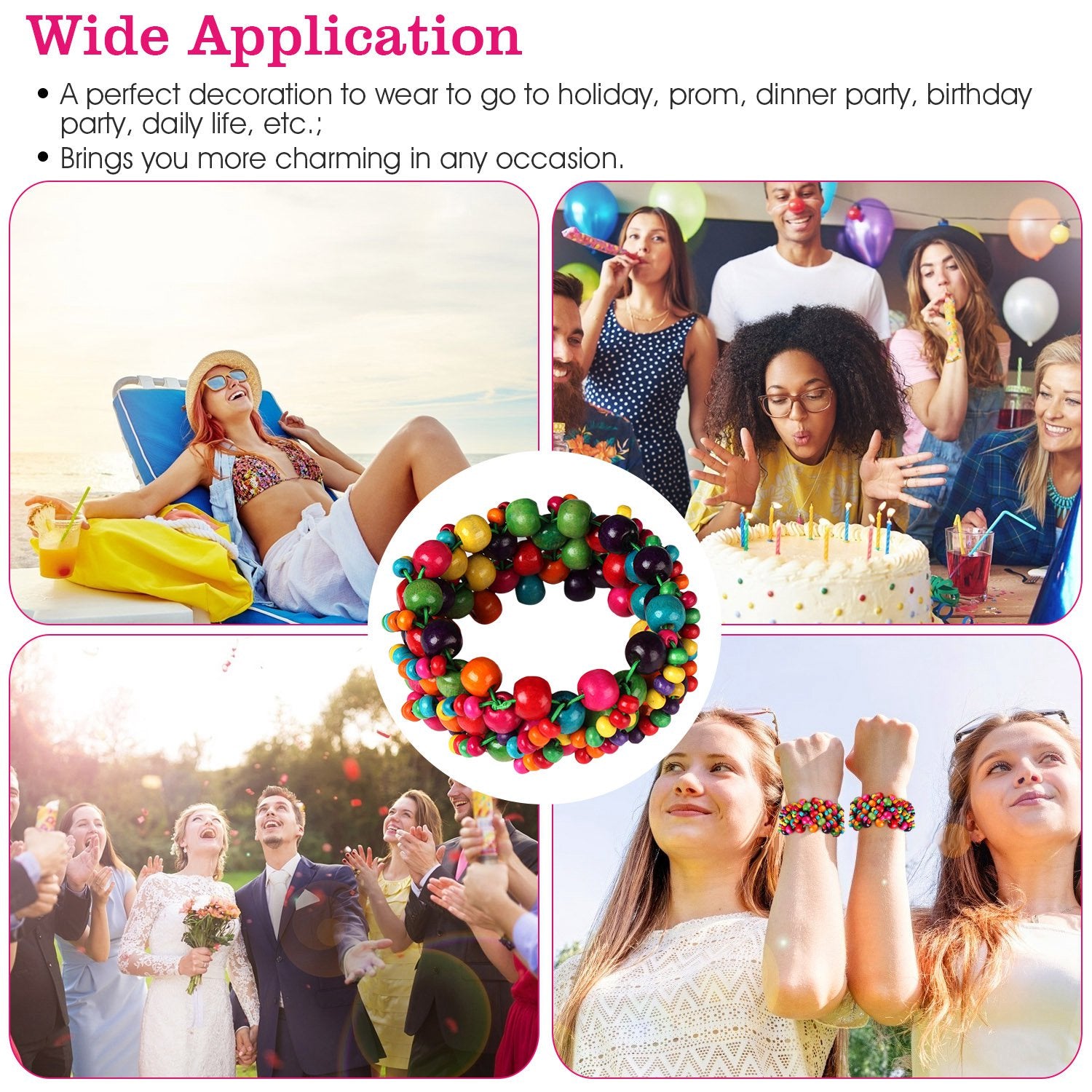 Multi-Color Wooden Beaded Stretchy Bracelet Colorful Exotic Style Elastic
