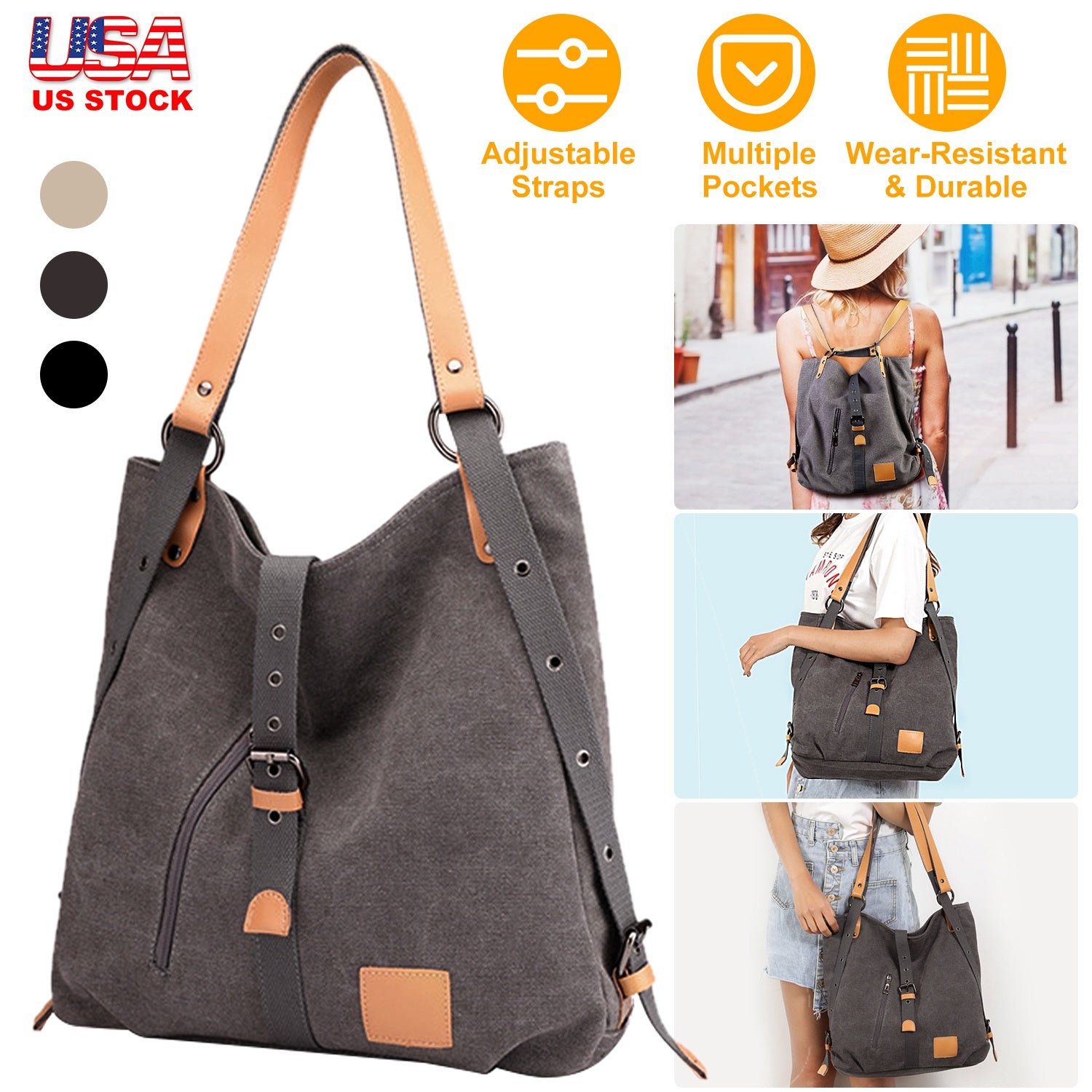 Ladies Canvas Tote Bag Multifunctional Purse Handbag Adjustable Shoulder
