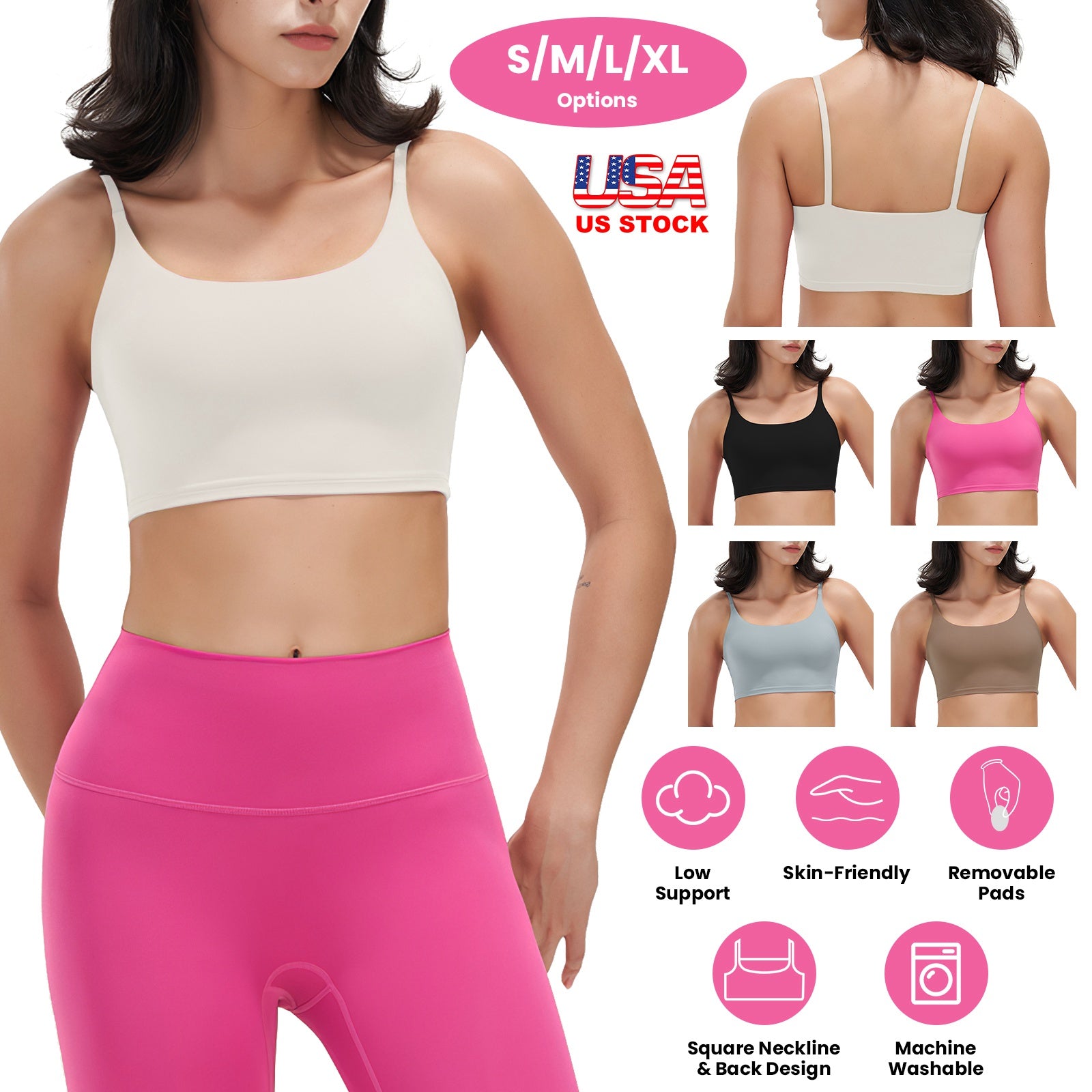 Women Strap Sport Bras Padded Strappy Crop Square Neck Low Impact Bras Sexy