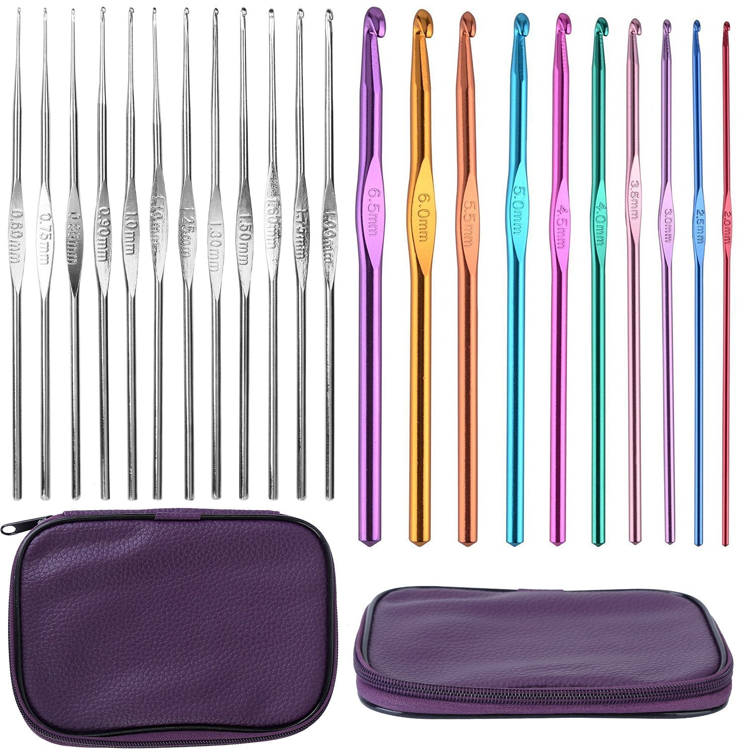 22Pcs Multi-Color Crochet Hook Needles Aluminum Handle Sewing Kit DIY Hand