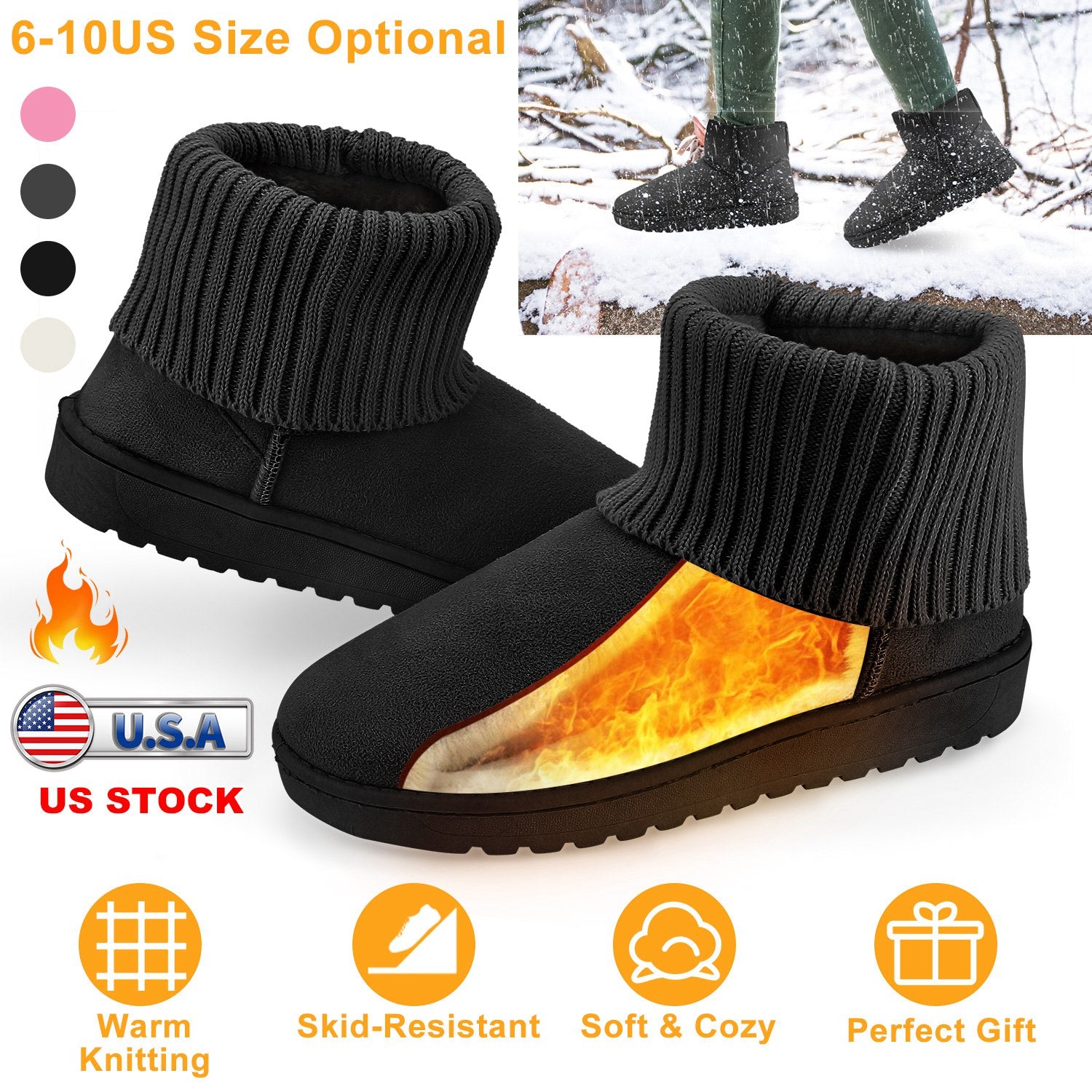 Women Lady Snow Boots Suede Mid-Calf Boot Shoe Short Plush Warm Lining Shoes w/