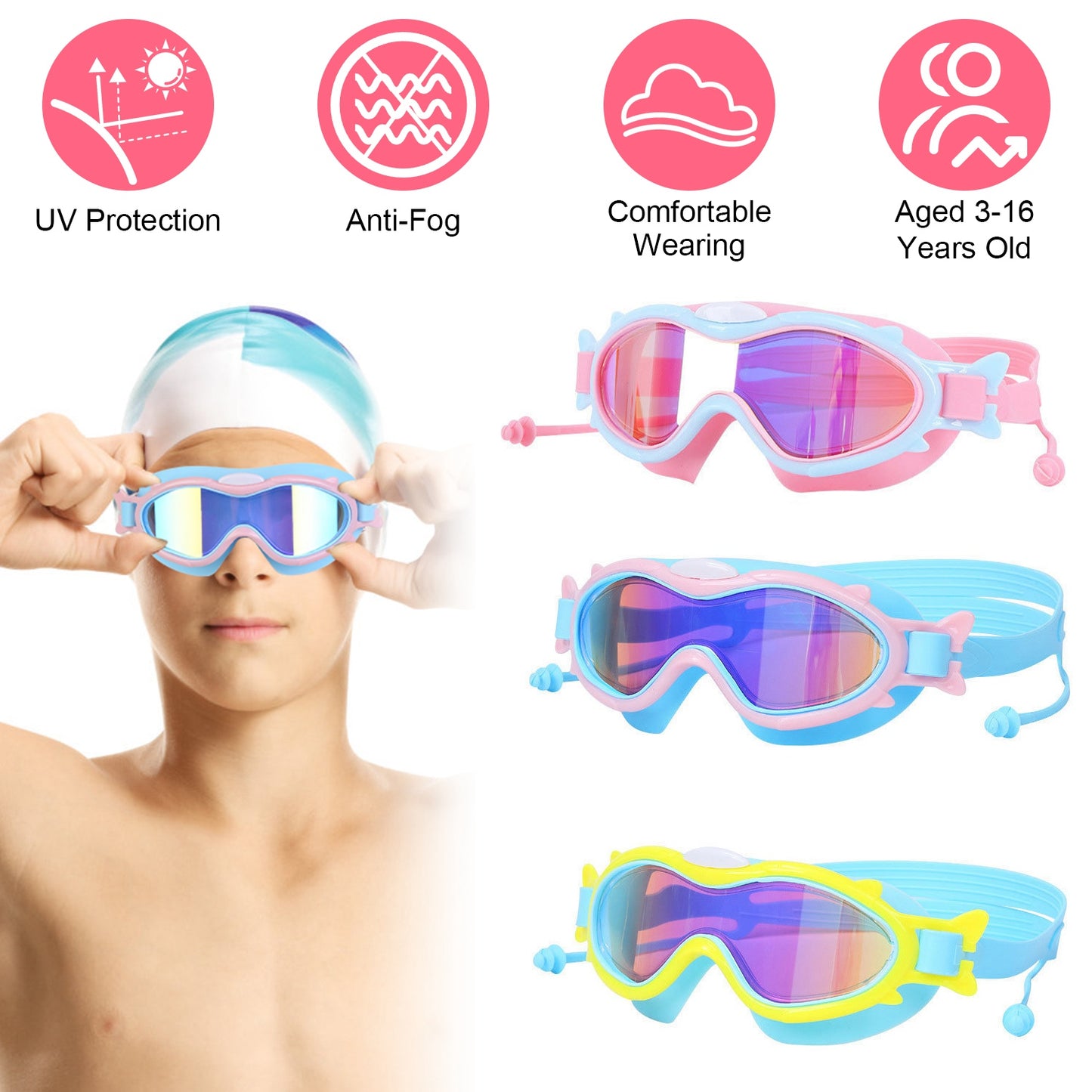Kids Swim Goggles With Ear Plugs UV Protection Anti-Fog Leak Proof Wide View