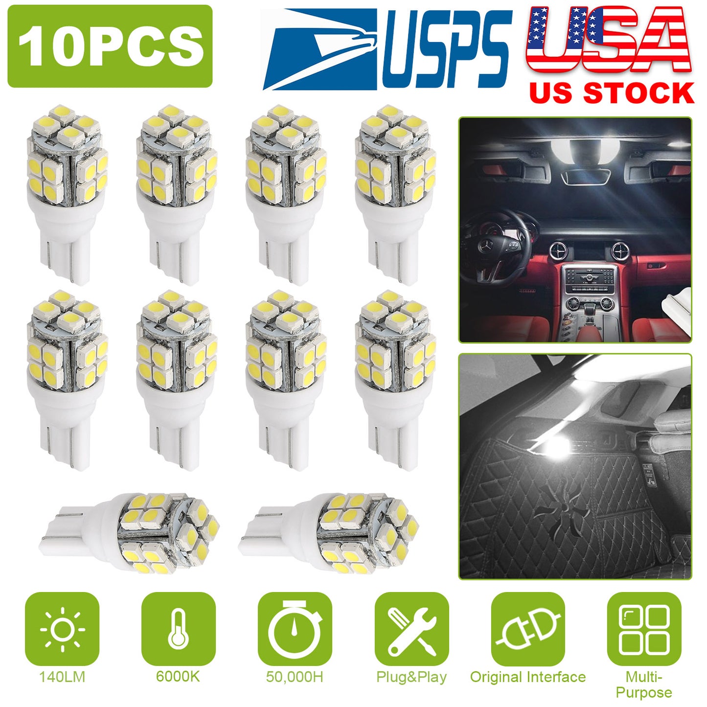 10Pcs 12V T10 LED Light Bulb Wedge Base Interior Dome Map LED Lights License