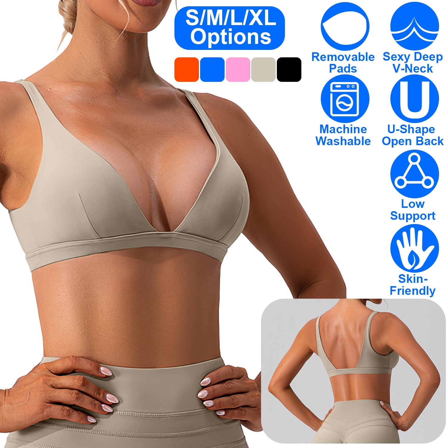 Women Deep V-Neck Sports Bras U-Shaped Back Sport Bras Padded Strappy Crop Open