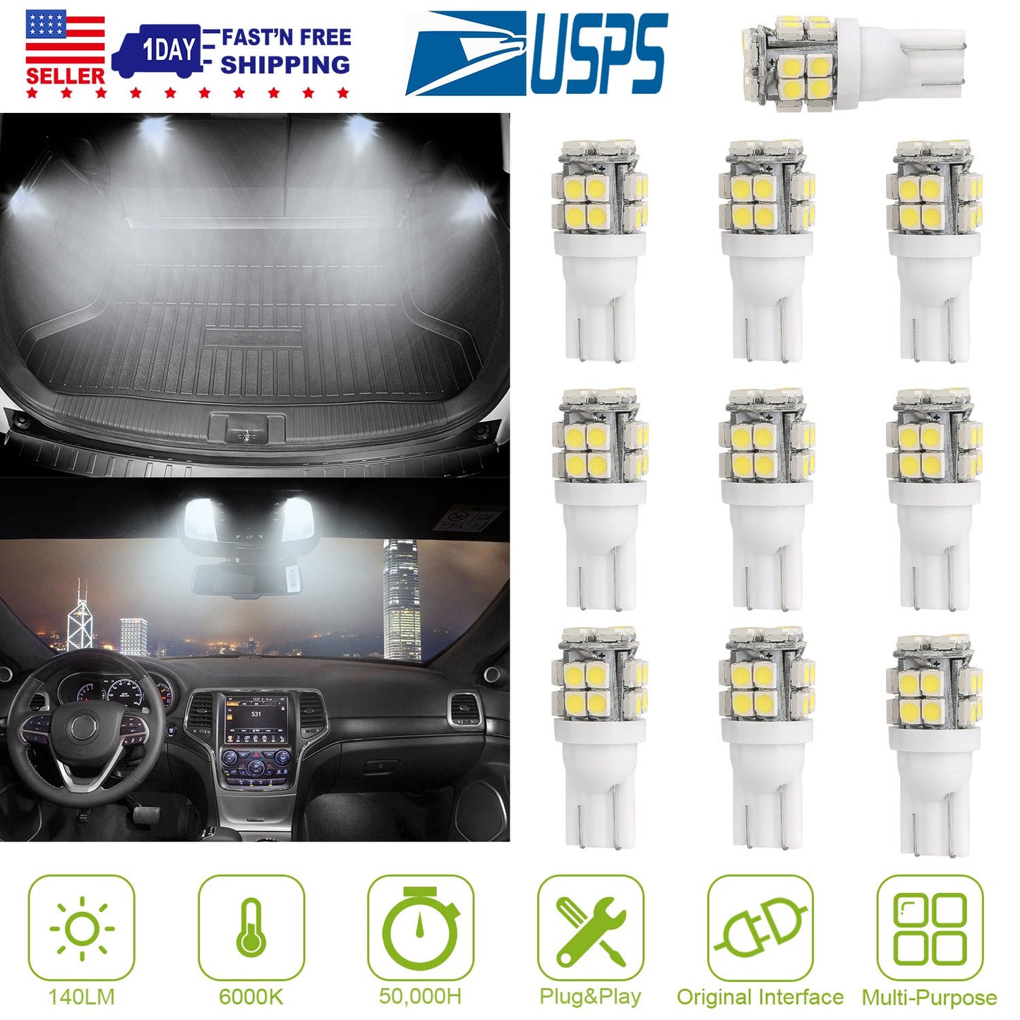 10Pcs 12V T10 LED Light Bulb Wedge Base Interior Dome Map LED Lights License