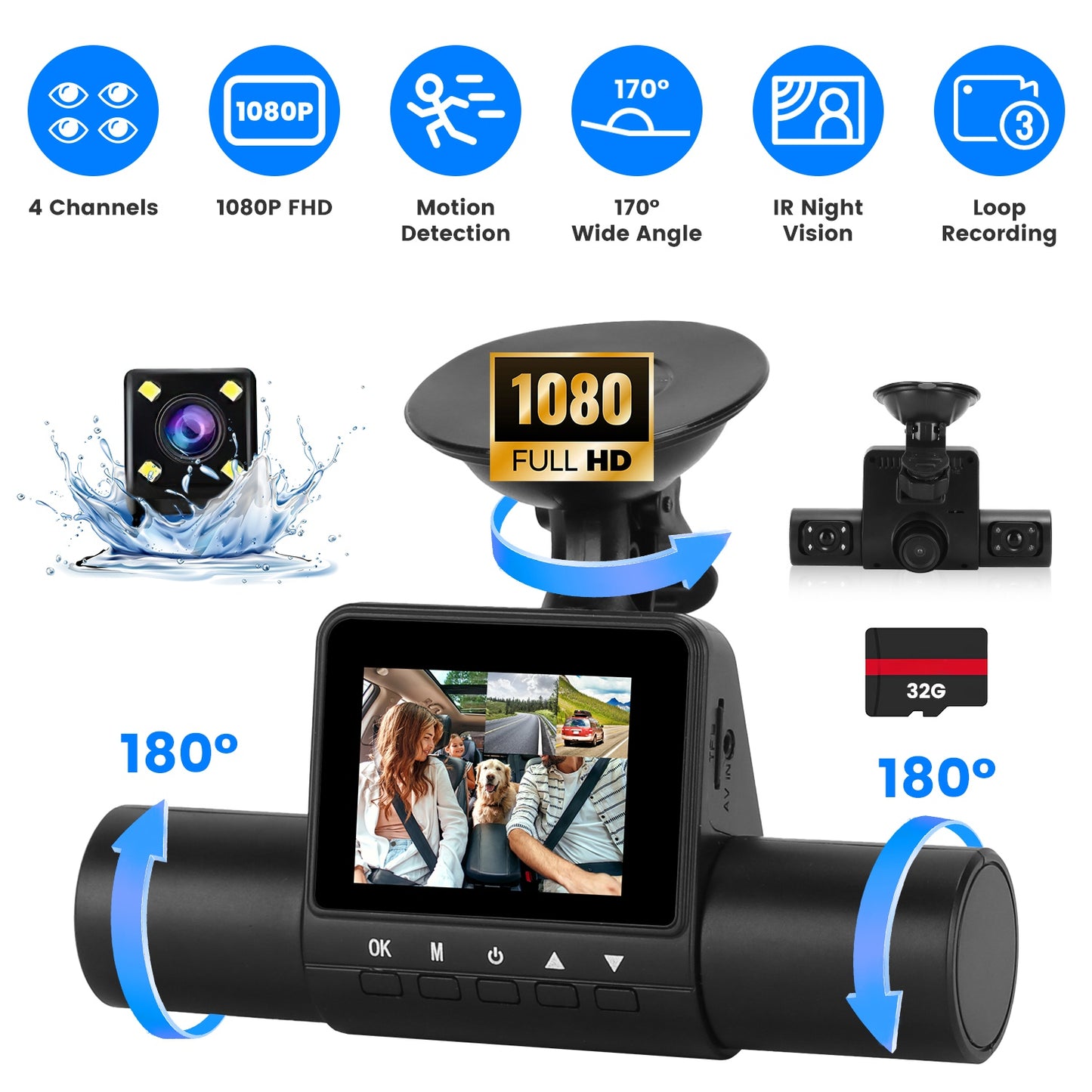 360° View FHD 4 Channel Dash Cam 1080P Front 480P Rear Left Right Inside Dash