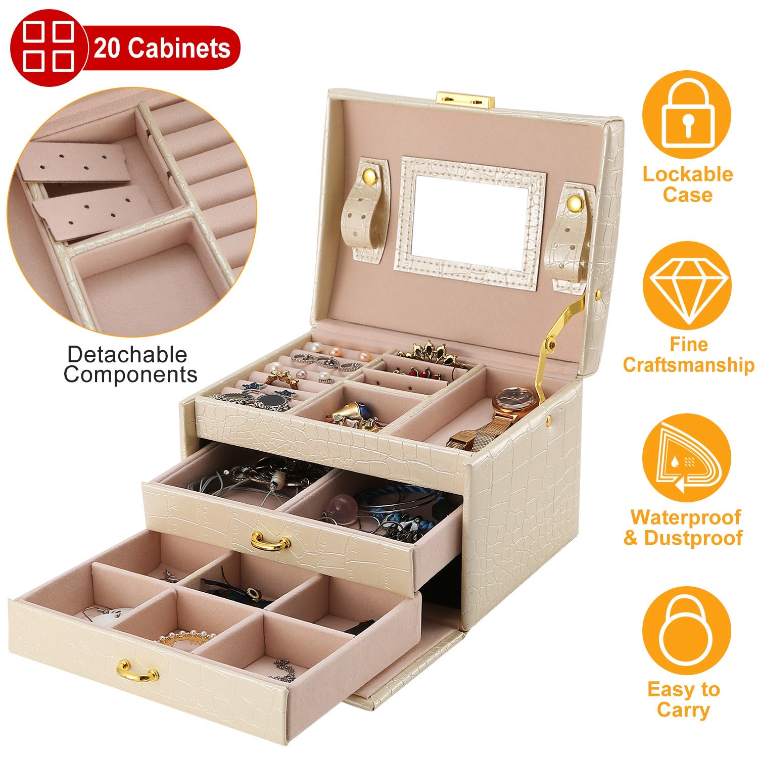 Jewelry Case Organizer 3-layer Lockable Travel Jewelry Box PU Leather Storage