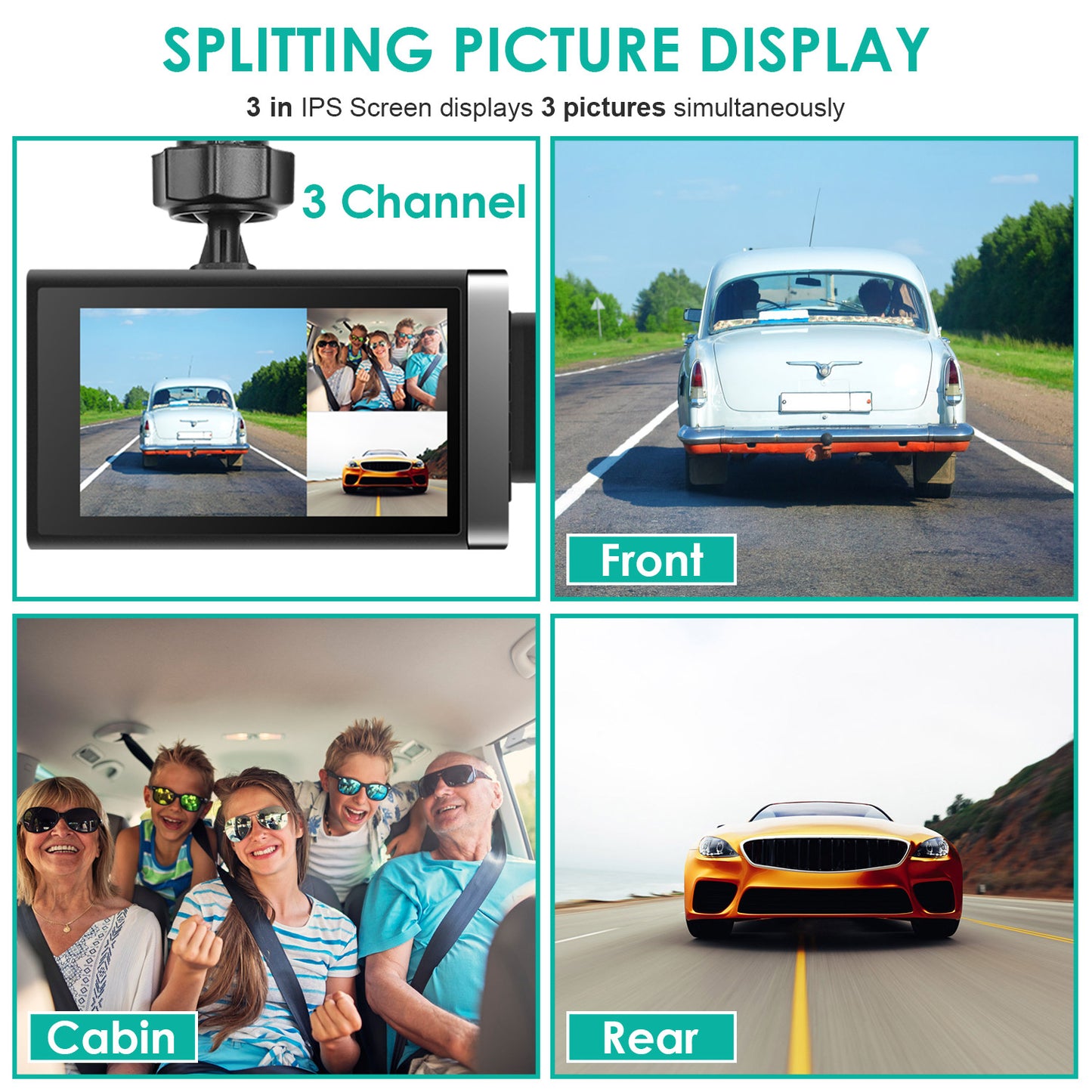 2K Car DVR 3 Channel Dash Cam Camcorder Camera Recorder with 140° Angle GPS