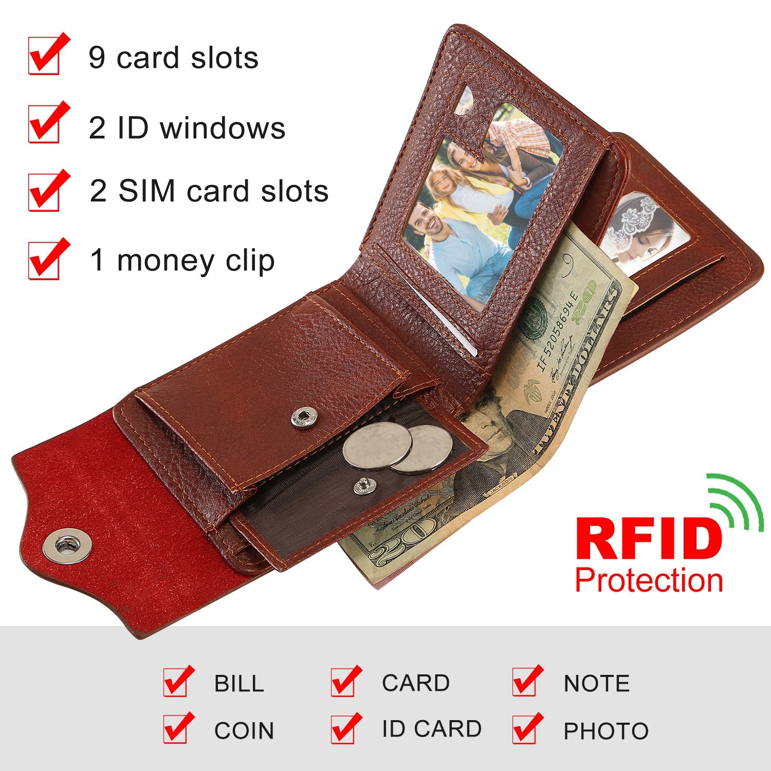 Men’s Wallet PU Leather Bifold Purse Slim RFID Blocking Card Holder Cases w/ 2