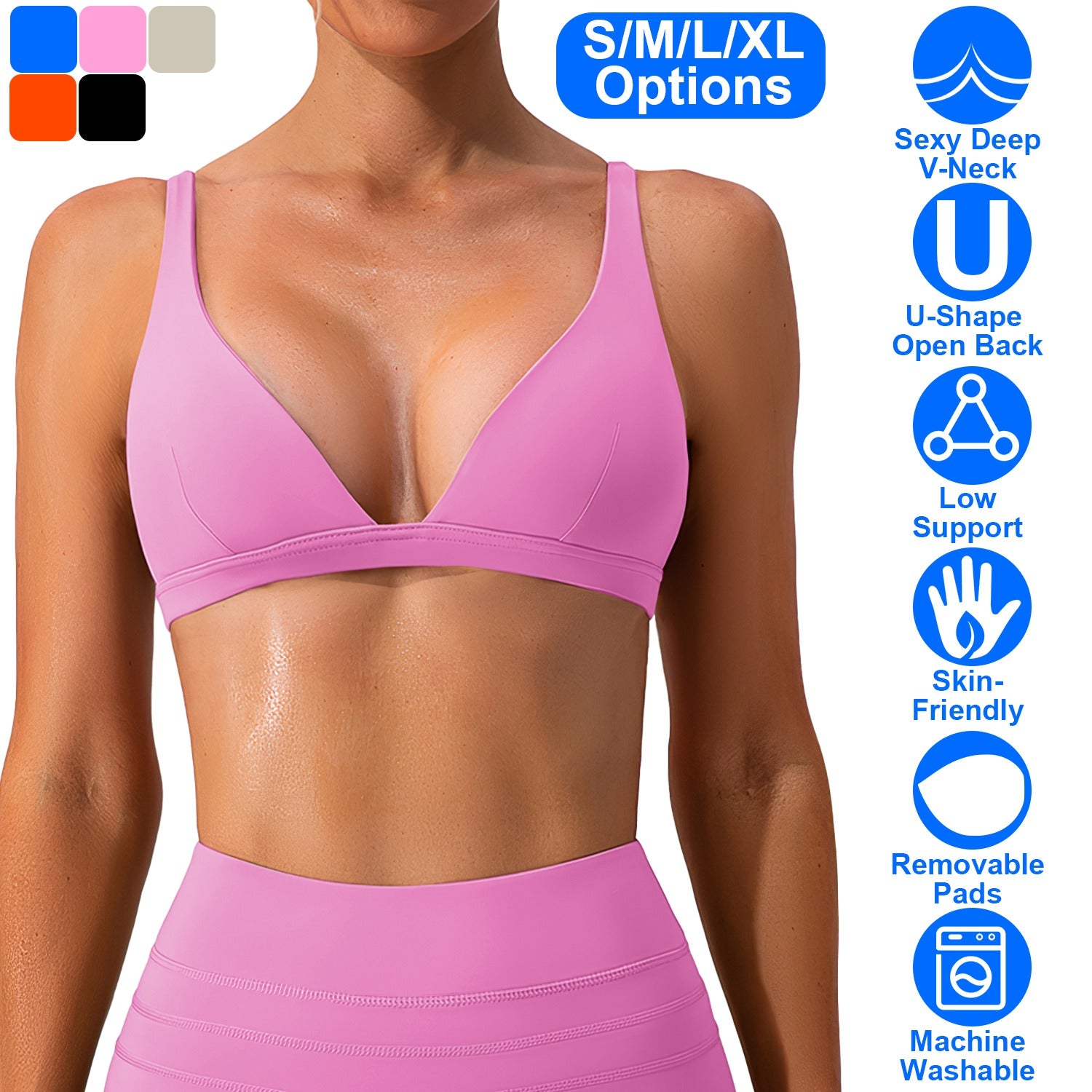 Women Deep V-Neck Sports Bras U-Shaped Back Sport Bras Padded Strappy Crop Open