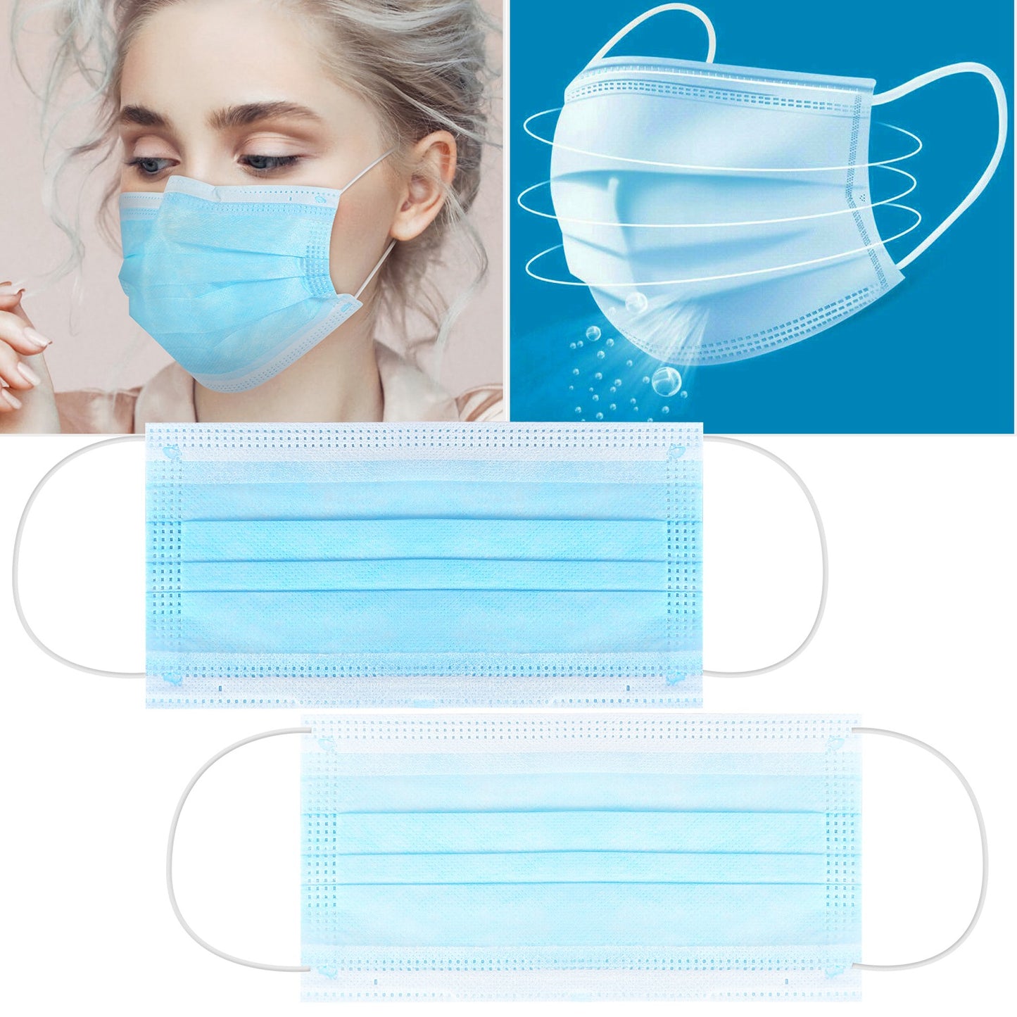50Pcs 3-Layers Disposable Face Masks Elastic Earloop 95% Melt-Blown Filter