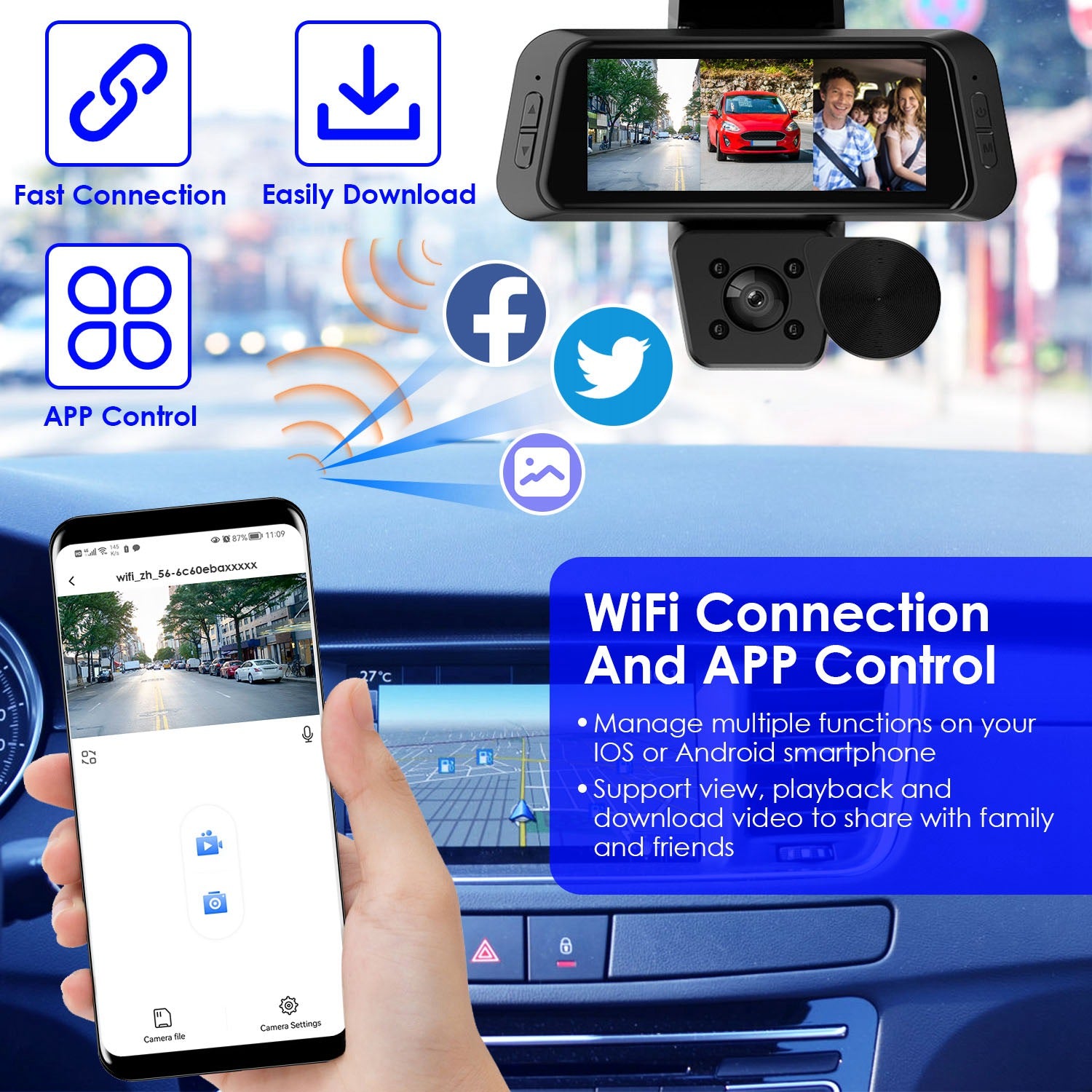1080P FHD 3 Channel WiFi Dash Cam 170° Wide Angle Triple Car Camera With IR