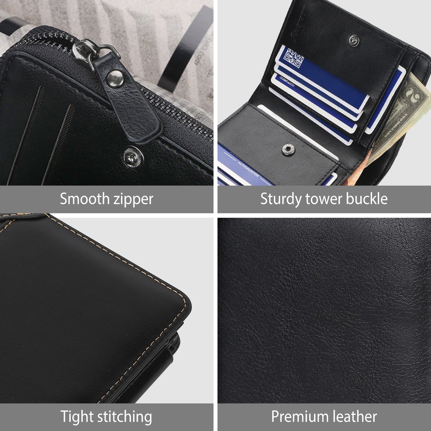 Men’s Leather Wallet ID Card Holder Purse Trifold Clutch Money Zipper with ID