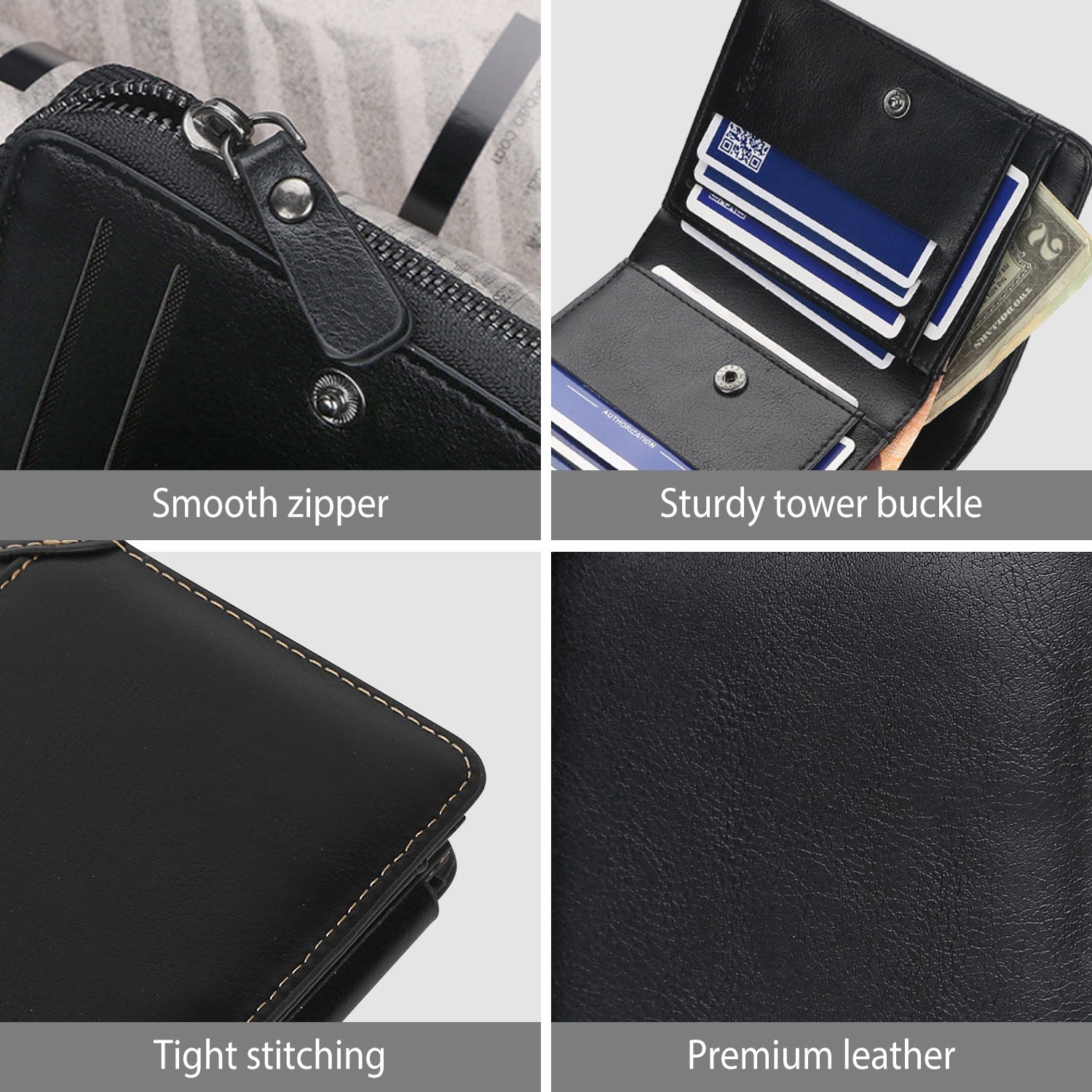 Men’s Leather Wallet ID Card Holder Purse Trifold Clutch Money Zipper with ID