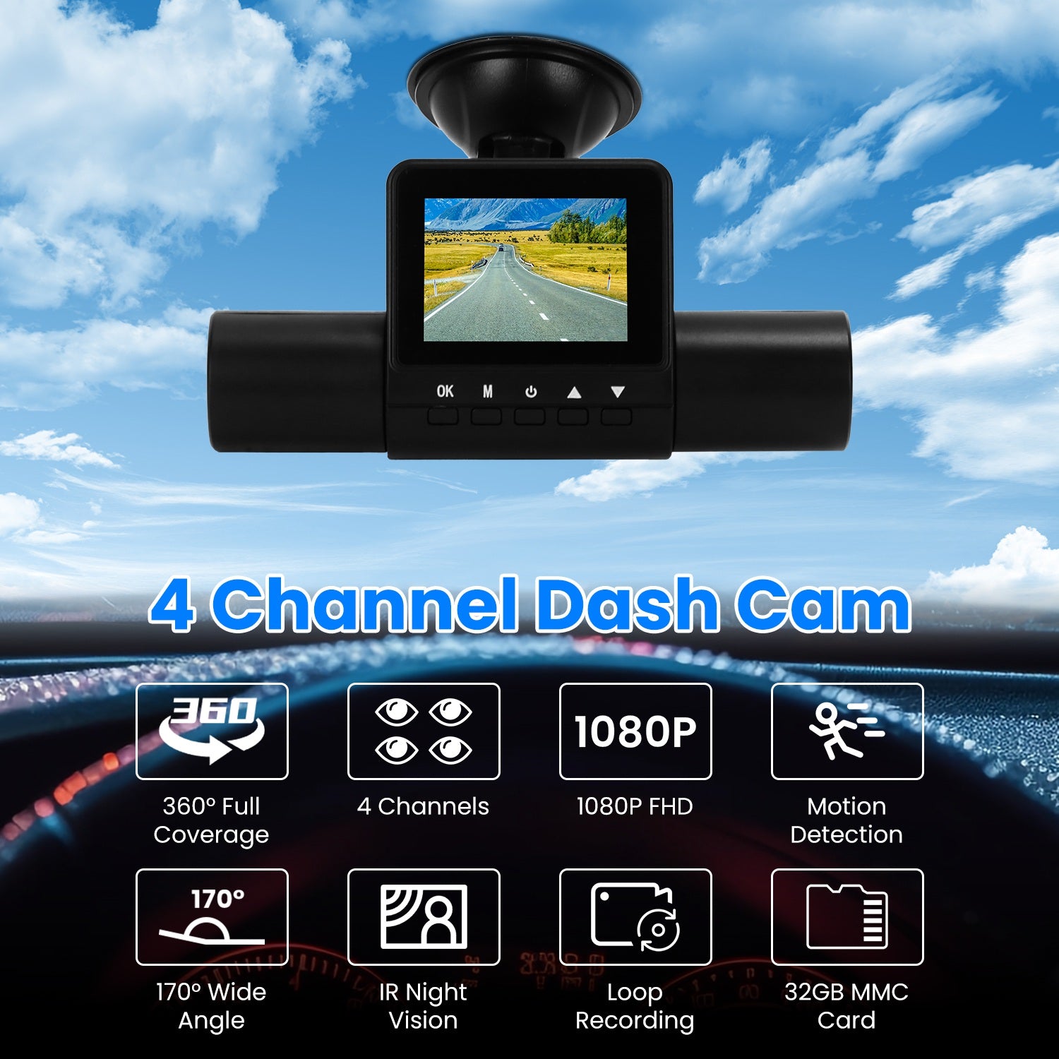 360° View FHD 4 Channel Dash Cam 1080P Front 480P Rear Left Right Inside Dash
