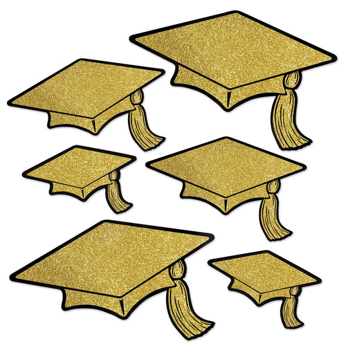 Beistle Glittered Foil Grad Cap Cutouts - Gold - Graduation | Party Supply