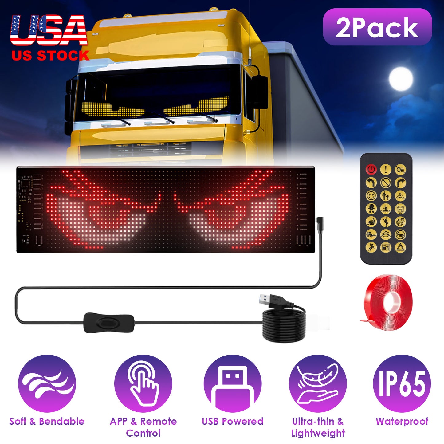 2Pack 20x64 Matrix Devil Eyes Lights For Car Ultra-thin Programmable LED Car