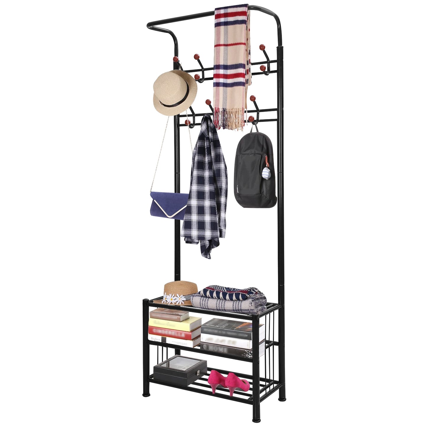 Metal Entryway Coat Shoe Rack Hall Tree w/ 3-Tier Shoe Bench Shoe Storage 18