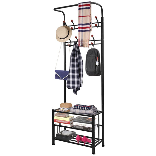 Metal Entryway Coat Shoe Rack Hall Tree w/ 3-Tier Shoe Bench Shoe Storage 18