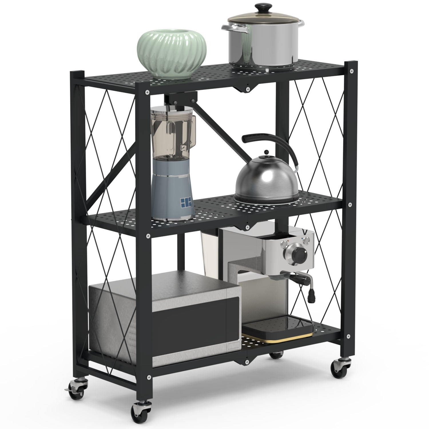 3-Tier Foldable Storage Shelf With Lockable Wheels No Assembly Rolling Utility