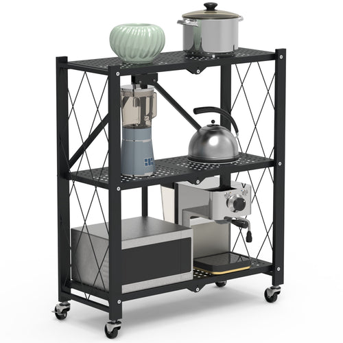 3-Tier Foldable Storage Shelf With Lockable Wheels No Assembly Rolling Utility