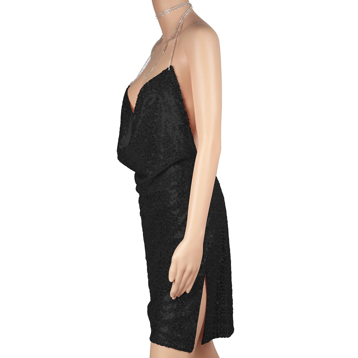 Sexy Women Chained Side Slit Backless Minidress With Sequins Apparel & Jewelry
