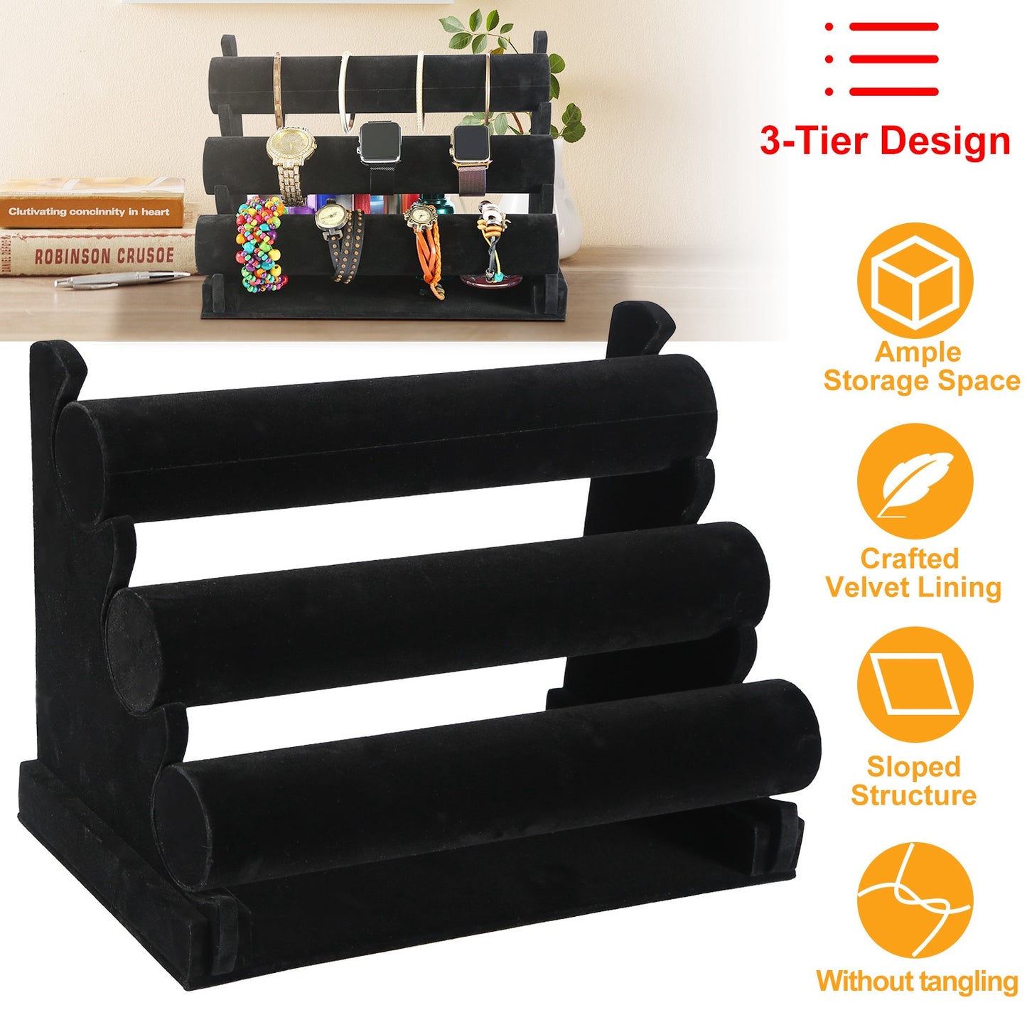 3-Tier Velvet Jewelry Stand Removable Bracelet Holder Watch Jewelry Bangle