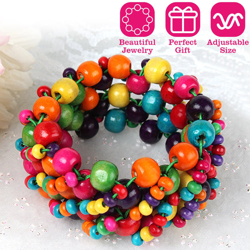 Multi-Color Wooden Beaded Stretchy Bracelet Colorful Exotic Style Elastic