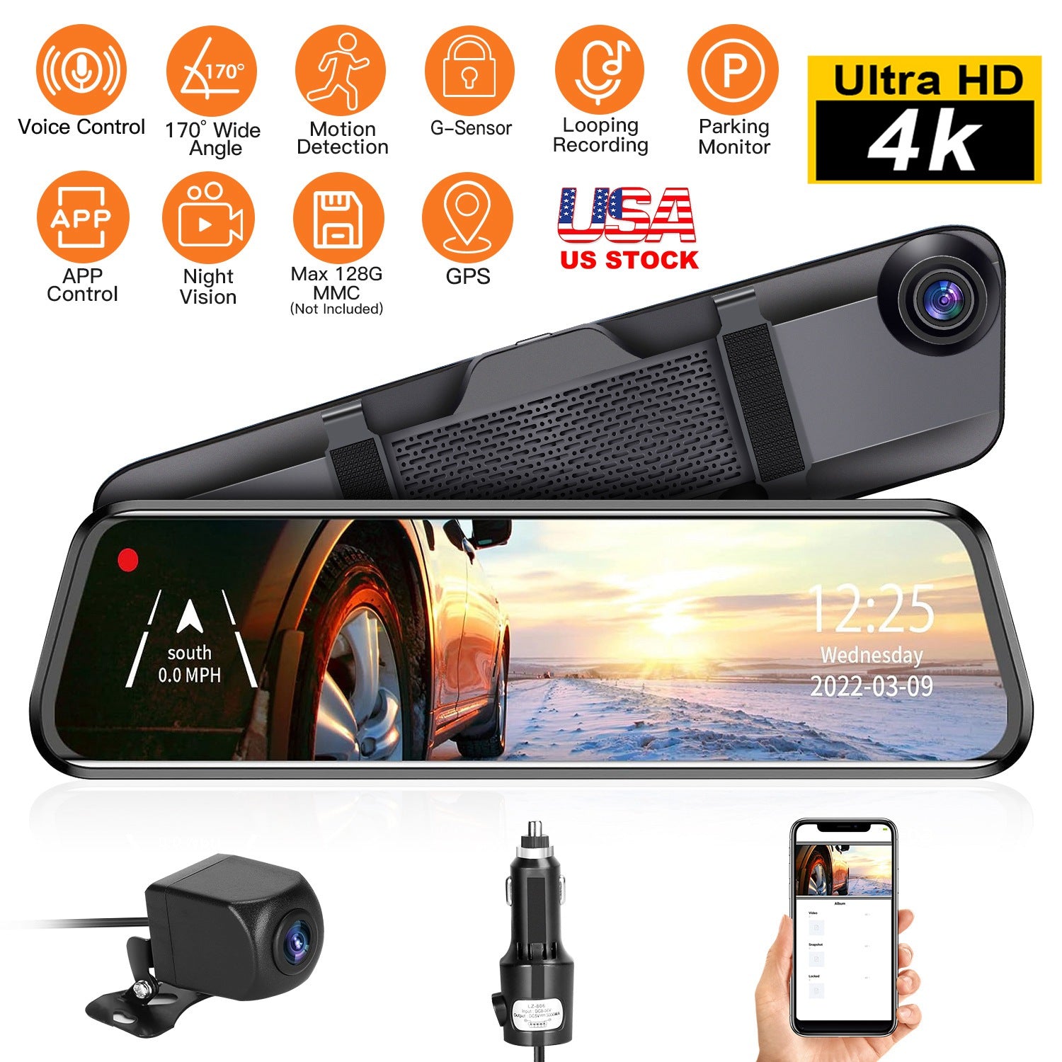 4K Car DVR 12in Dash Cam Camcorder Camera Recorder with 170° Angle Loop