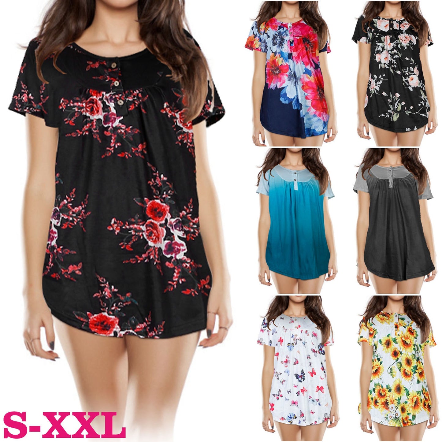 Women Summer Shirts Tops Loose Short Sleeve T Shirts Casual Floral Printed