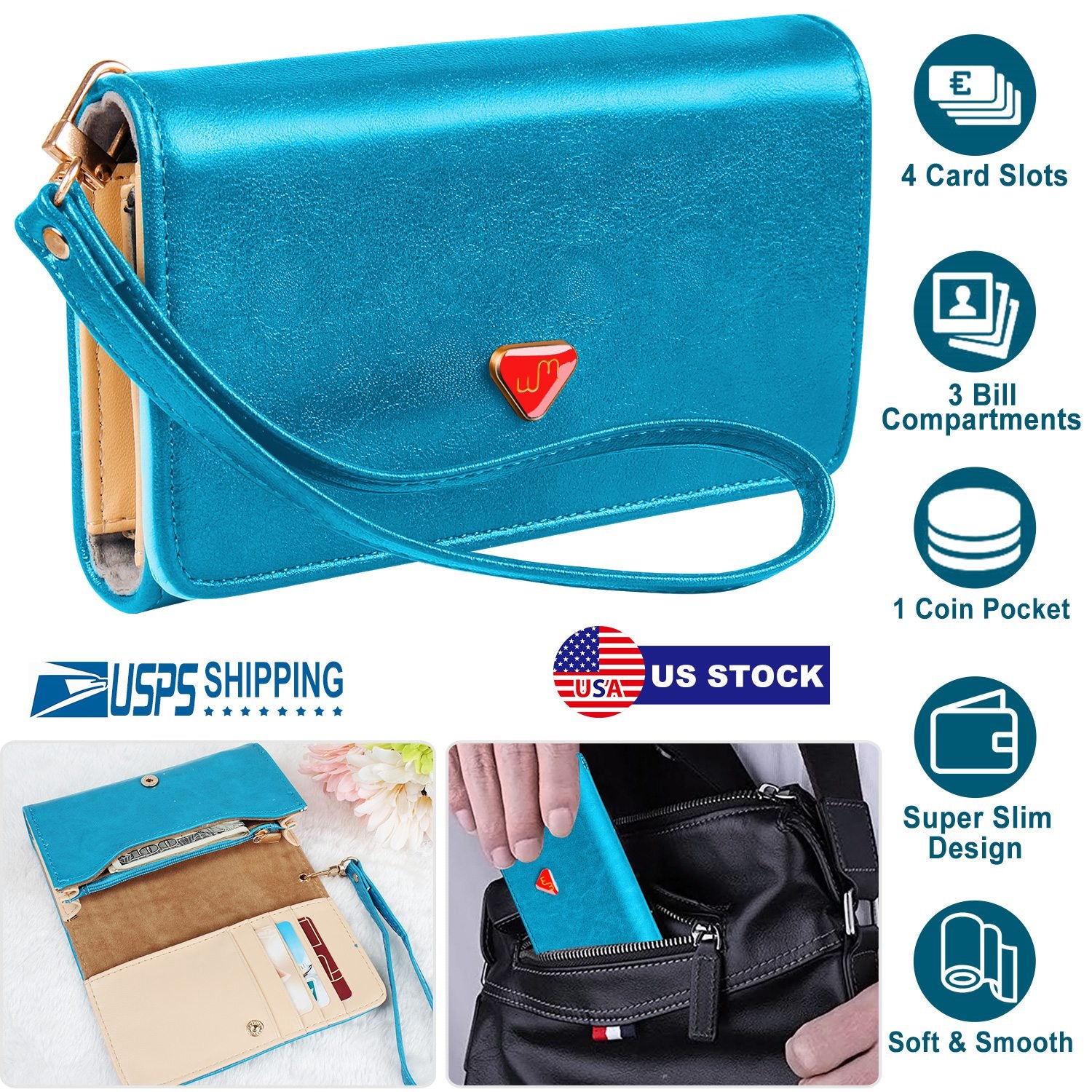 Women Wristlet Wallet PU Leather Lady Purse Credit Card Holder 4 Card Slots 3