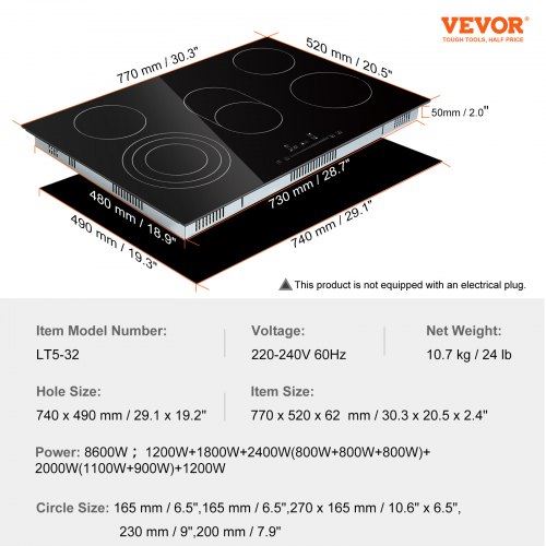 Built in Electric Stove Top 30.3 x 20.5 inch 5 Burners 240V Glass Radiant