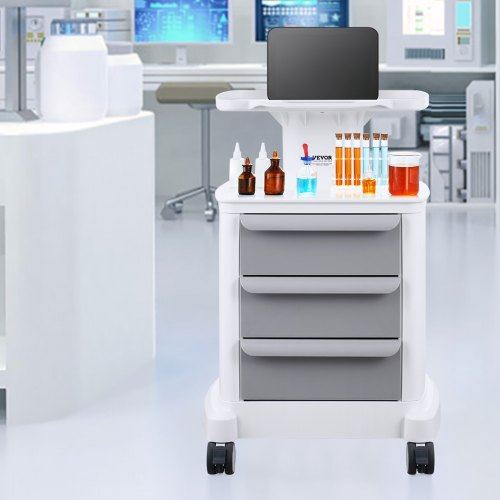 4 Tiers Lab Carts Mobile Medical Cart with 3 Drawers & 1 Top Tray White Troll