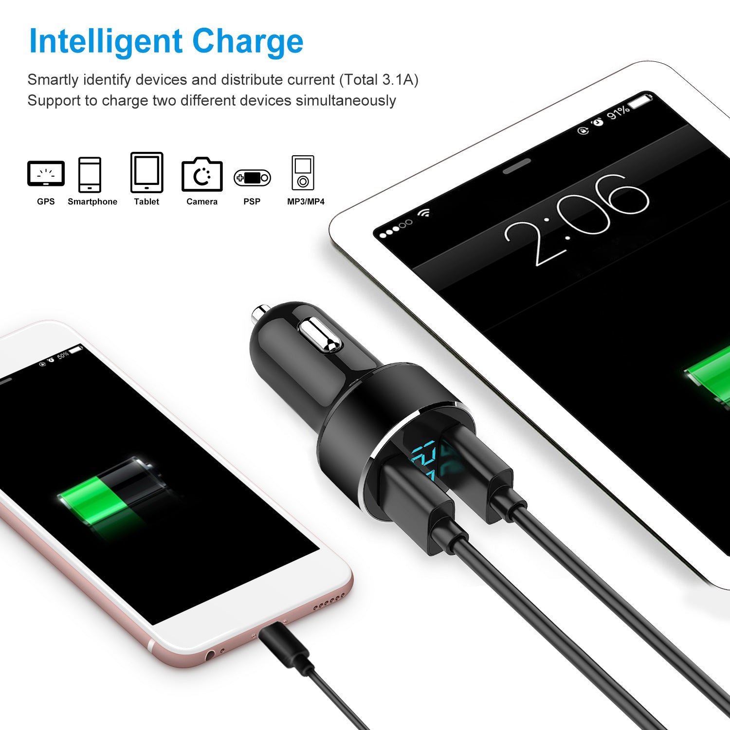 Universal 15W/3.1A Dual USB Car Charger Adapter Aluminum Alloy Fast Car