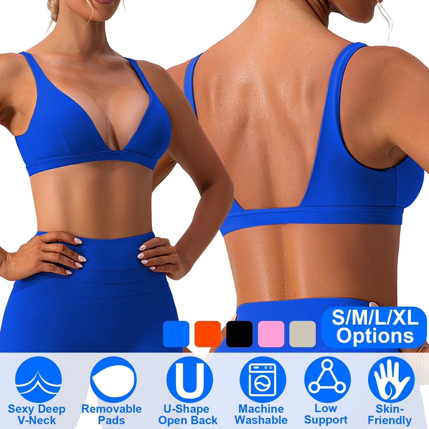 Women Deep V-Neck Sports Bras U-Shaped Back Sport Bras Padded Strappy Crop Open