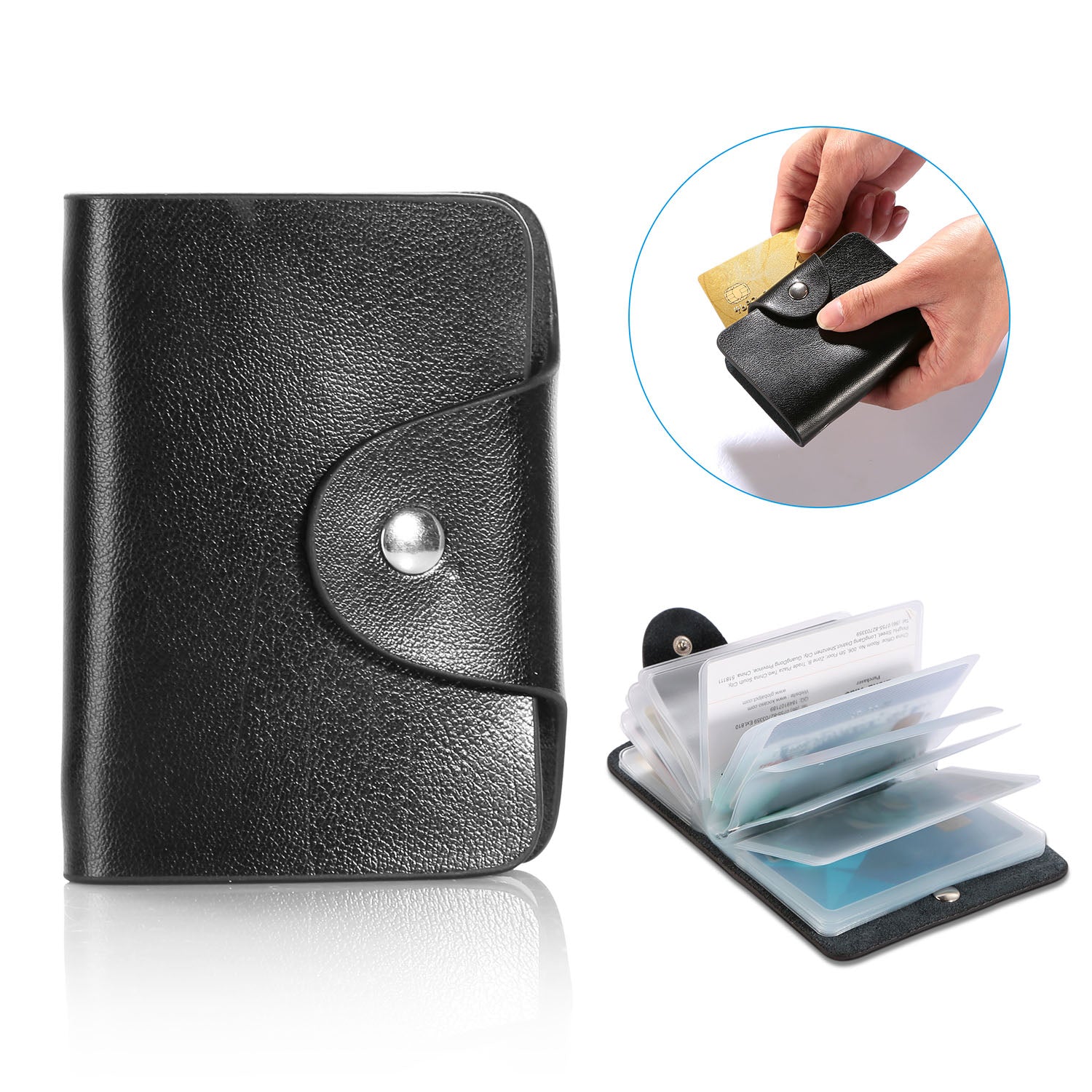 Credit Card Holder Card Organizer Pouch PU Leather Case Snap Closure with 26Pcs