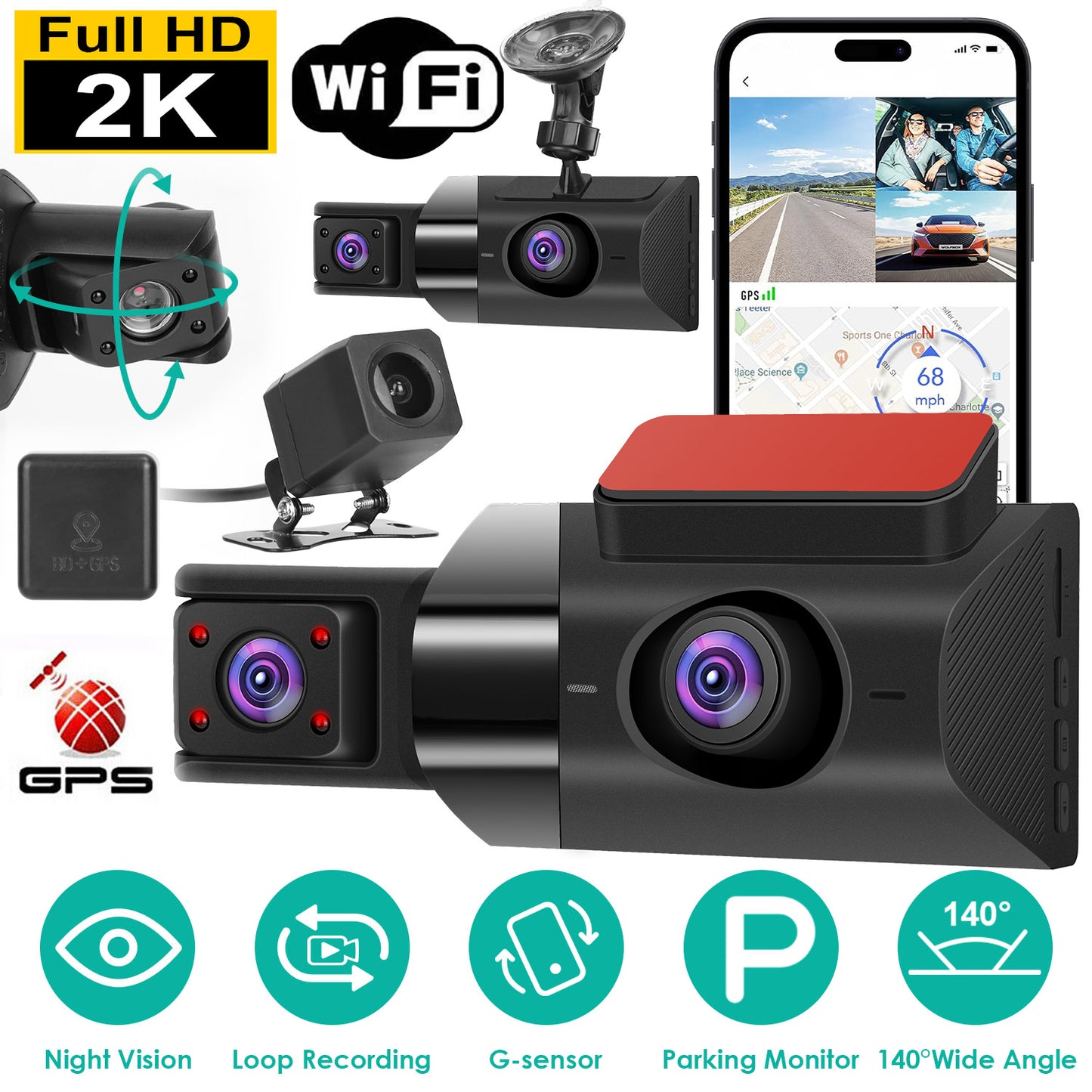 2K Car DVR 3 Channel Dash Cam Camcorder Camera Recorder with 140° Angle GPS