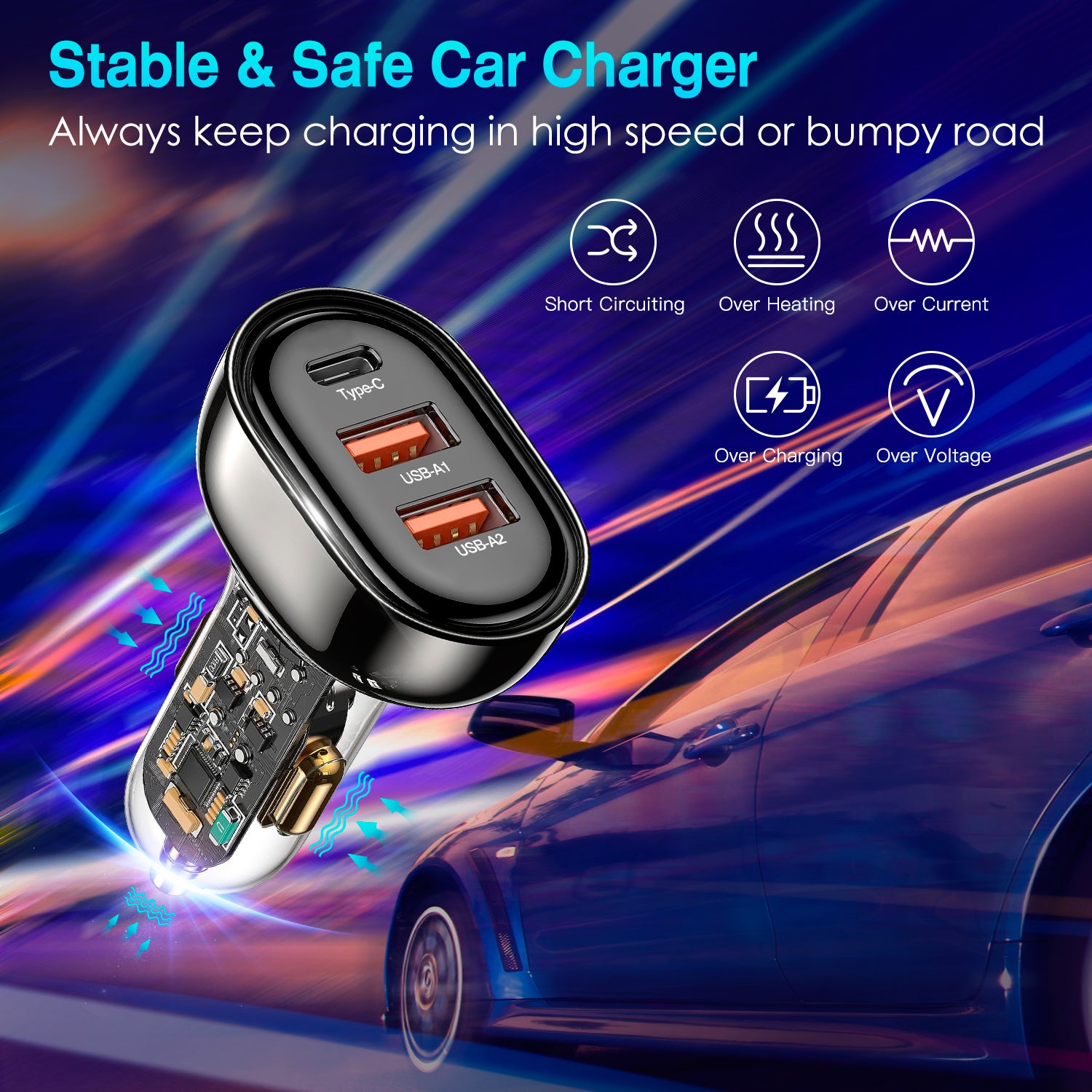 90W 3 Ports Fast Charge Car Charger QC3.0 PD3.0 USB Type-C LT Car Cigarette